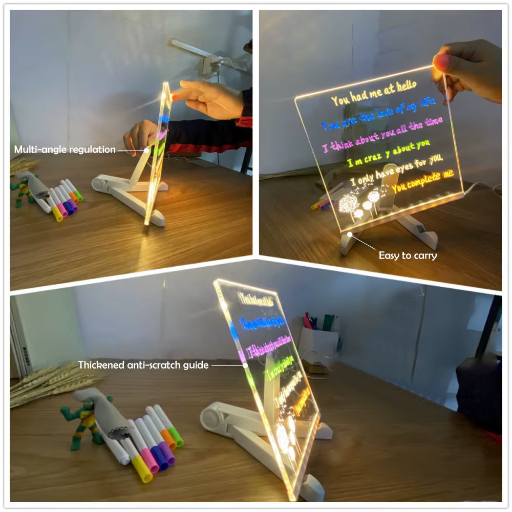 LED Message Board with Night Light and Colorful Pens - DIY Acrylic Drawing Board for Kids' Birthday Gifts