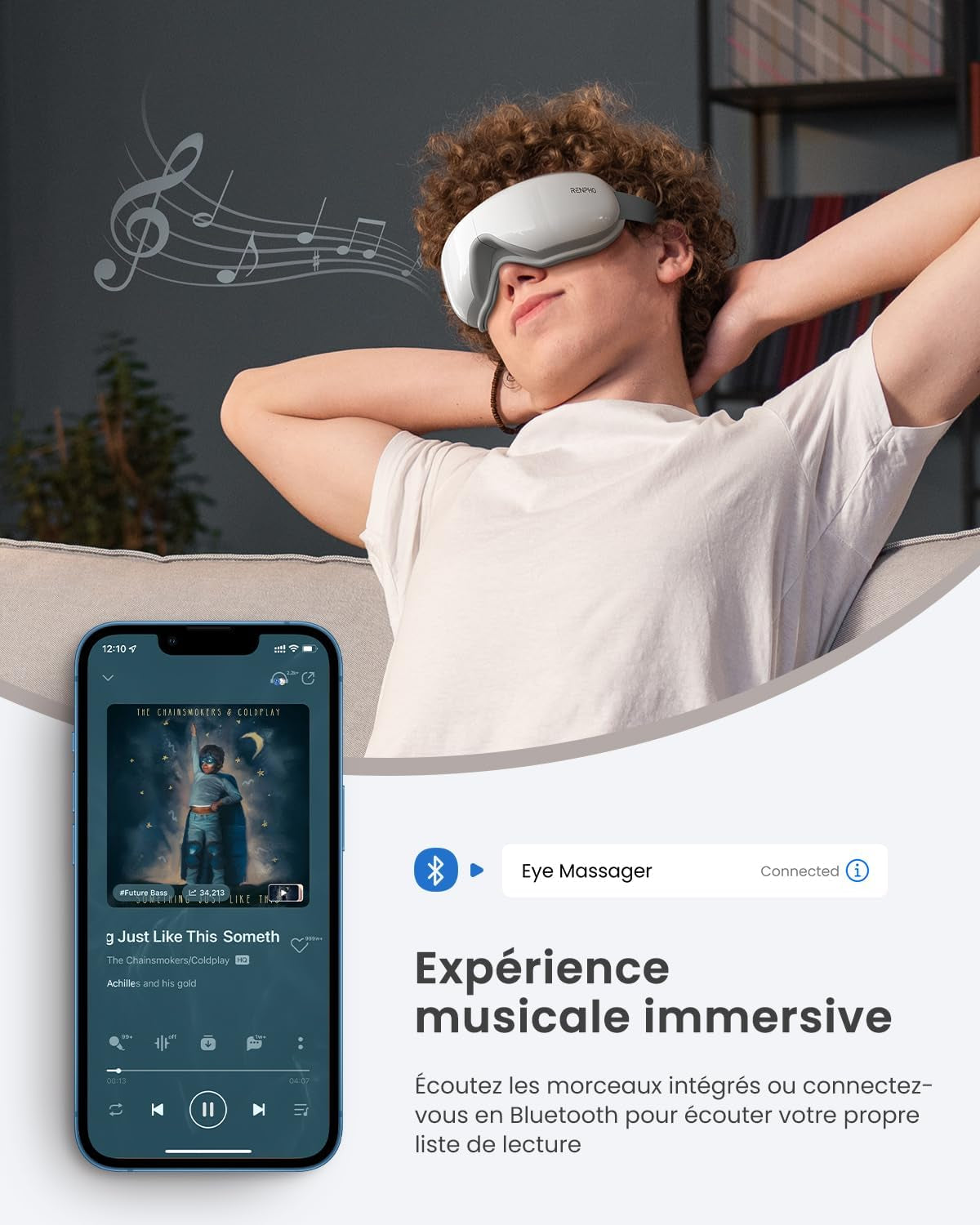 Eyeris 1 - Masseur Oculaire Avec Télécommande Et Chaleur, Vibration Et Musique Bluetooth, Masque Massage Yeux Pour Le Sommeil, Les Yeux Secs, Cadeaux Pour Femme Et Homme | 2 Intensités De Massage, Appareil De Massage Oculaire Chauffant Pour Soulager La Fatigue Oculaire Et Les Tension De La Tête